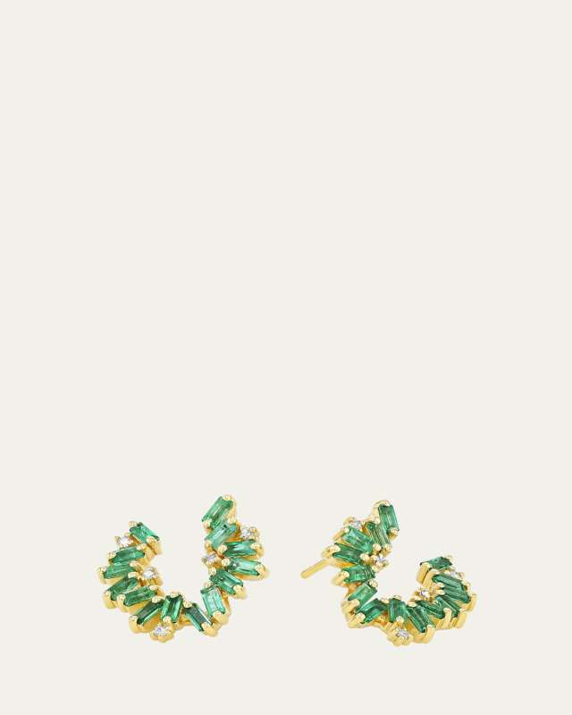 18K Yellow Gold Bold Burst Emerald Sideways Mini Hoop Earrings